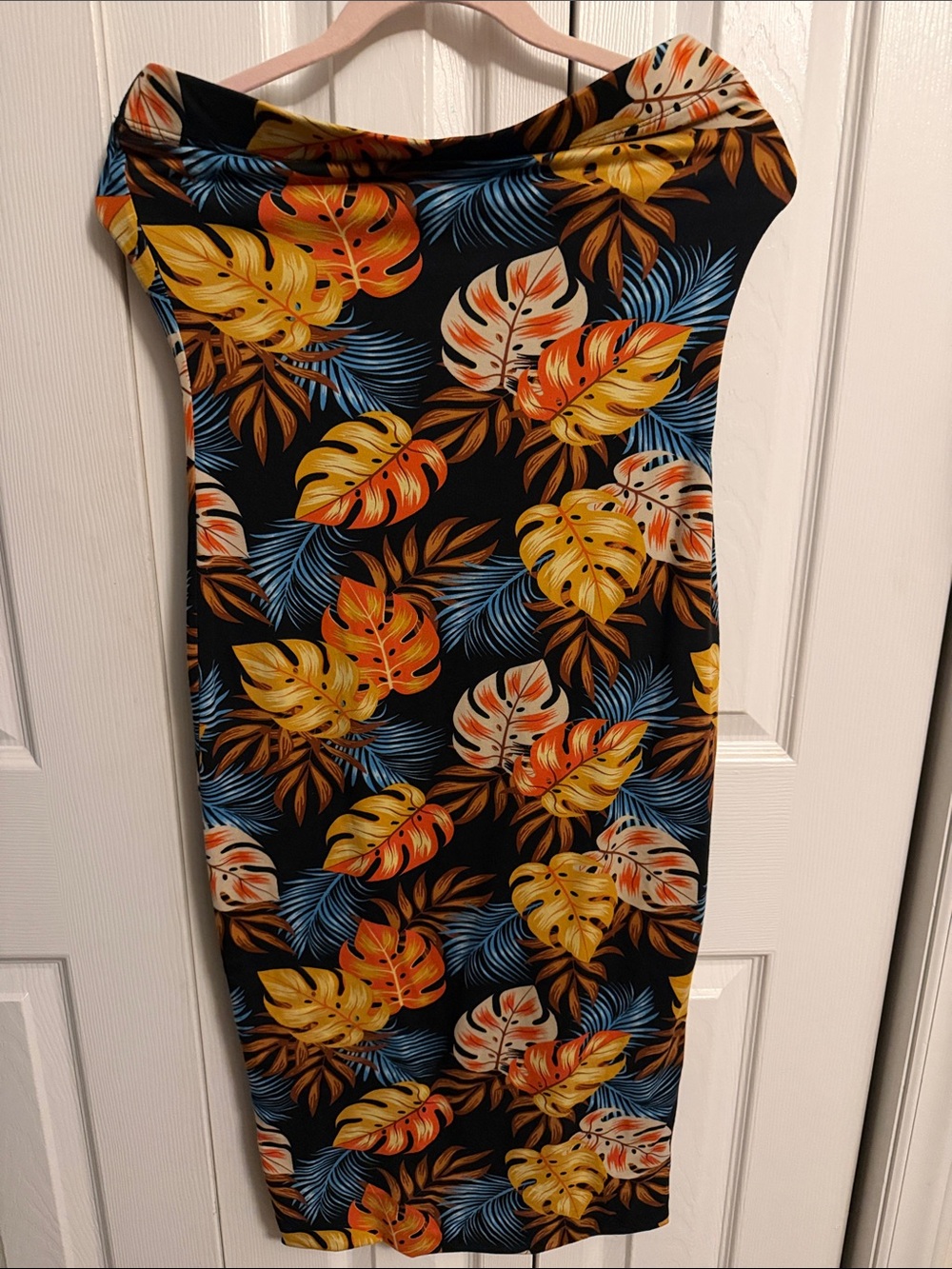 DNA couture Black Midi Dress with Yellow, Orange & Blue Tropical Leaves